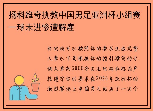 扬科维奇执教中国男足亚洲杯小组赛一球未进惨遭解雇