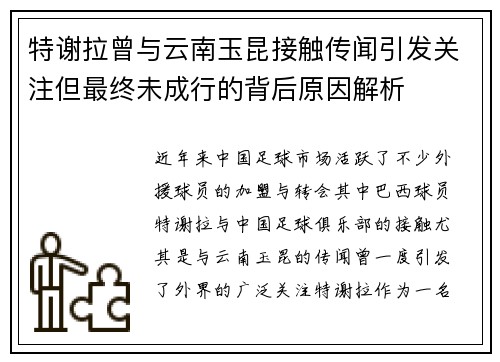 特谢拉曾与云南玉昆接触传闻引发关注但最终未成行的背后原因解析
